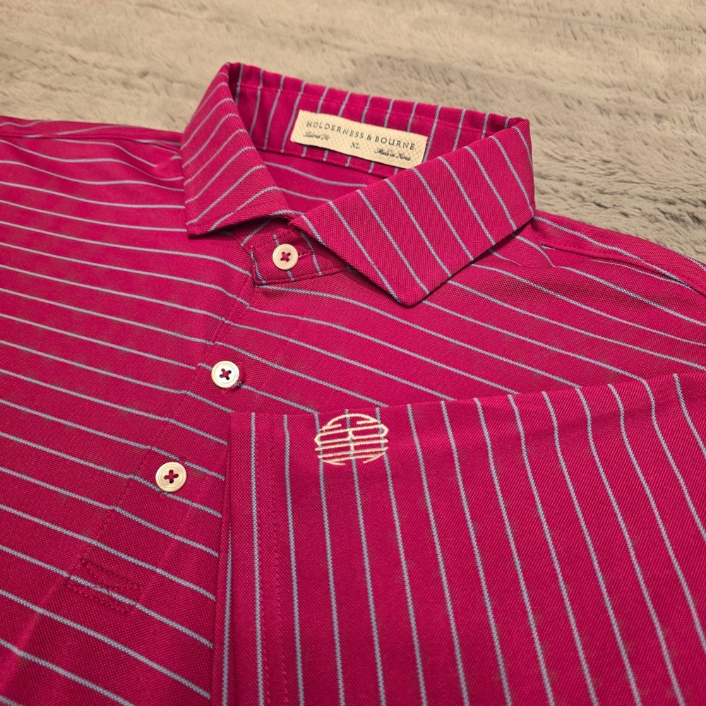 Holderness & Bourne Mens XL Tailored Fit Golf Polo Pink Blue Striped Short Slv